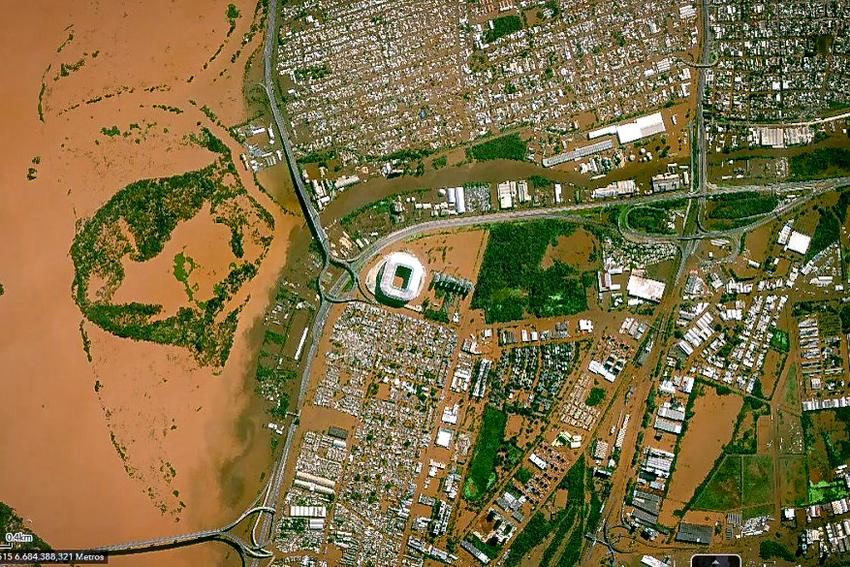 Satellite image of a flooded urban area in Rio Grande do Sul