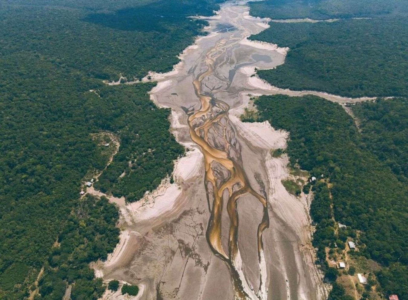Aerial view of the dried bed of the Rio Negro in the Amazon